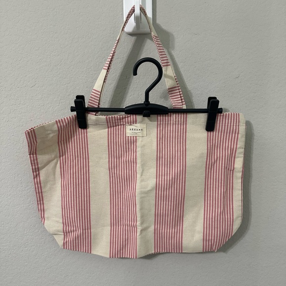 SEZANE Striped Cotton Tote Bag Large Canvas Natural Pink Double Handle - Picture 2 of 6